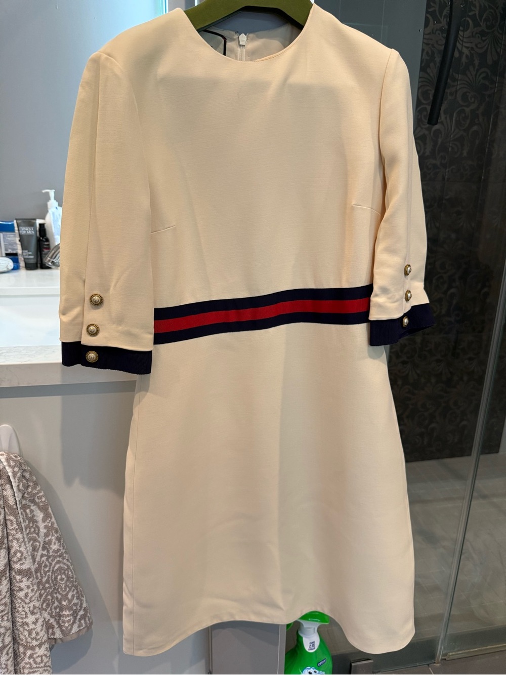 Gucci Cream Midi Dress with Navy & Red Waist Stripe
